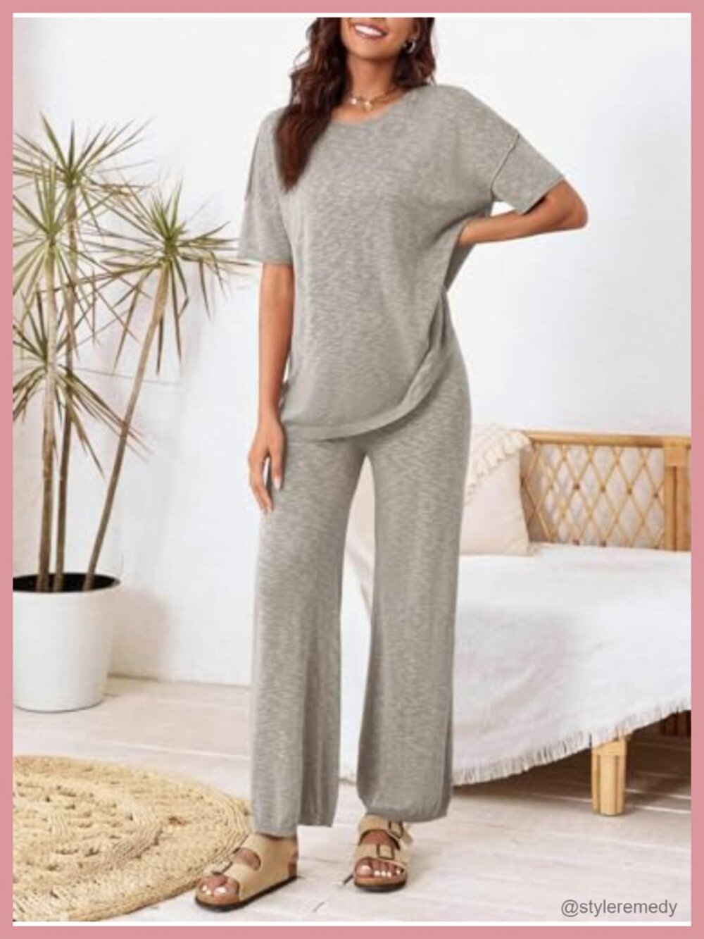 2 Piece Lounge Set Knit Tracksuit Wide Leg Pants Short Sleeve - Picture 4 of 6